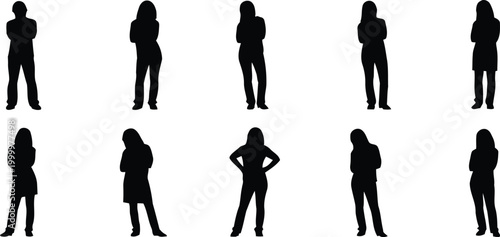 Collection of ten black silhouette women in various standing poses with body languag