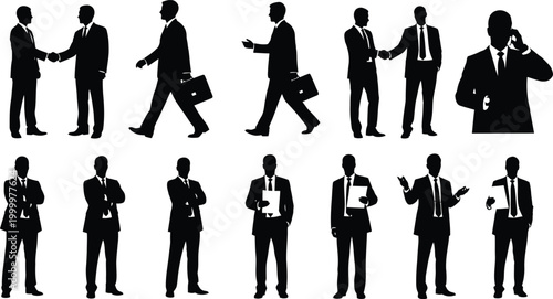 Businessmen silhouettes in various poses shaking hands walking talking isolated