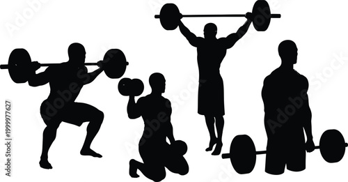 Men working out with weights silhouette collection on white background, collection