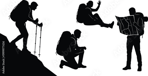 Hikers with backpacks and trekking poles reading map silhouette collection, cut out