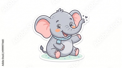 Adorable cartoon baby elephant wearing a scarf, waving hello with a cheerful expression, perfect for children's themes and cute animal illustrations