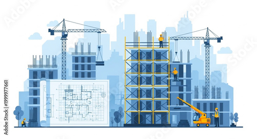 Construction Site with Buildings Cranes.