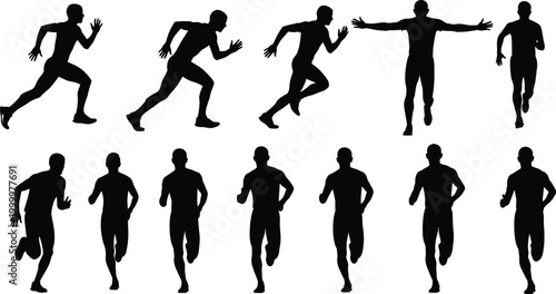 Silhouettes of runners in various dynamic poses against a white background