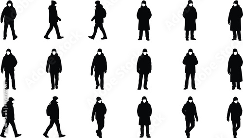 Collection of people silhouettes walking standing wearing face masks with cut out