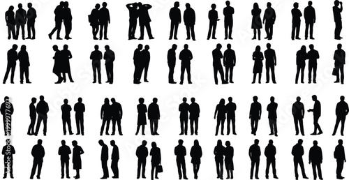 Crowd of black silhouettes of people in casual interactions with white background