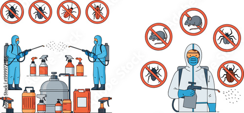 Pest Control and Disinfection Icon Set with Sprayers, Protective Gear, and No Entry Signs for Sanitation, Health, and Cleaning Services
