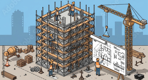 Construction Site with Crane and Blueprint.