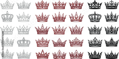 Royal Crown Illustration Set with Various Designs and Colors for Luxury, Royalty, and Emblematic Branding
