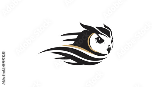 Stylized owl icon with dark feathers and gold accents on black background