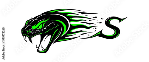 Stylized snake illustration green and black on black background