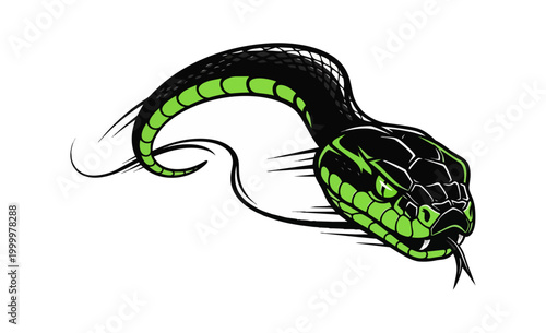 Stylized snake illustration with green and black colors on dark background