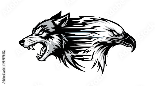 Wolf and eagle graphic illustration on black background
