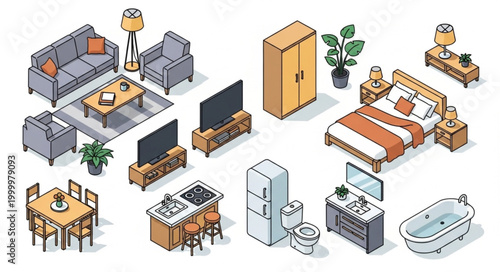 Isometric furniture and home decor elements collection.