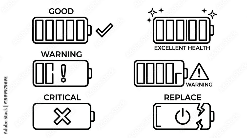 Obraz premium Battery Status Icons Good, Warning, Critical, and Replace indicators