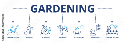 Gardening banner web icon vector illustration concept with icon of garden tools, sowing, planting, pruning, ecological, planning and garden design 