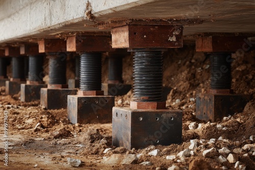 Adjustable Steel Screw Jacks and Foundation Piers Providing Structural Support Under a Concrete Slab