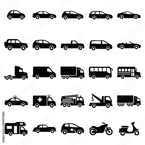 Car silhouette icon set solid black shapes no outline high contrast ultra simple vector ..eps