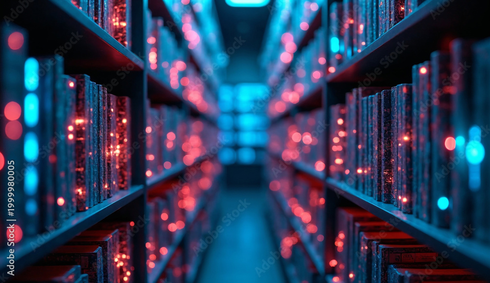 Fototapeta premium Digital library with glowing data on shelves.