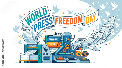 World Press Freedom Day Vector Concept with Printing Press and Flying Doves