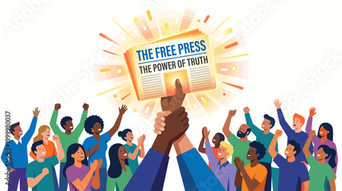 hands holding up a glowing newspaper above a crowd of diverse people