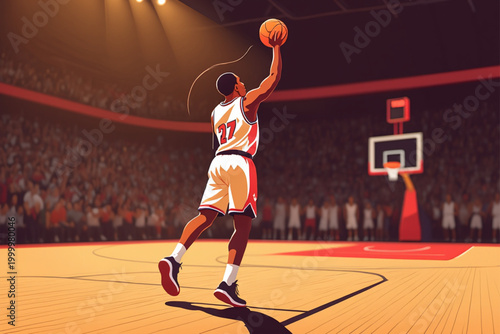 Young basketball player performing a dunk in an indoor court setting with spectators