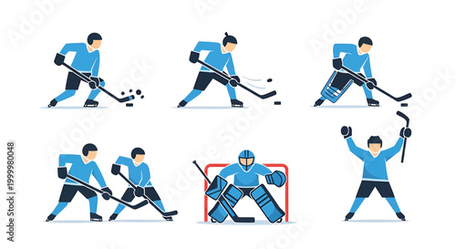 Ice Hockey, Player, Goalkeeper, Stickhandling, Skating, Team Sport, Athletic Poses, Vector Icons