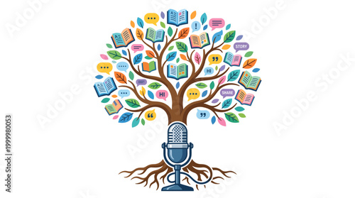 a stylized microphone with roots transforming into a tree with leaves shaped like open books and speech bubbles