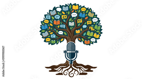 a stylized microphone with roots transforming into a tree with leaves shaped like open books and speech bubbles
