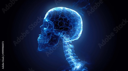 Holographic human skull with skeletal spine in blue glow