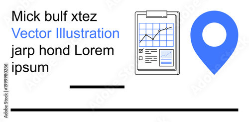 Business analytics, geolocation, data tracking, technology concepts, research tools, navigation. A clipboard displays data charts, alongside a pinpoint marker. Business analytics and geolocation in