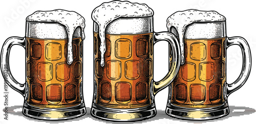 Three beer mugs with foam in vintage engraving style, detailed hand drawn vector illustration featuring lager drinks and classic pub beverage design
