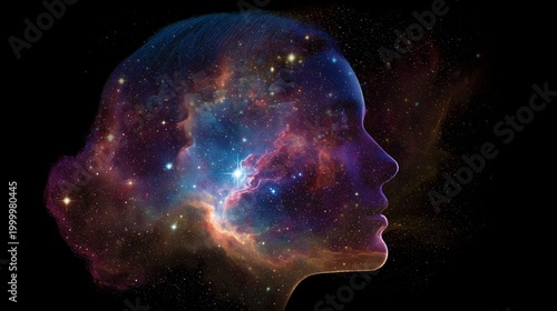 Profile of a woman with a cosmic galaxy in her head