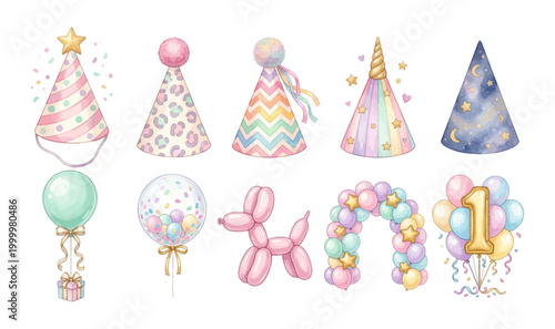 Watercolor Birthday Party Hat and Balloon Clipart Set – Unicorn Party Hat, Galaxy Hat, Balloon Arch, Balloon Dog, Confetti Balloon, Number One Illustration Bundle, Pastel Girl Party Style