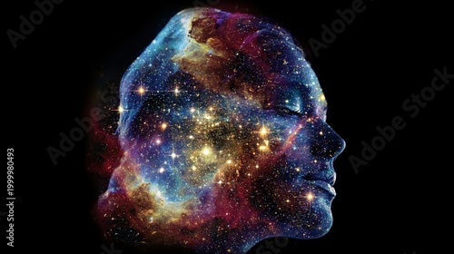 Deep space galaxy nebula inside a female profile
