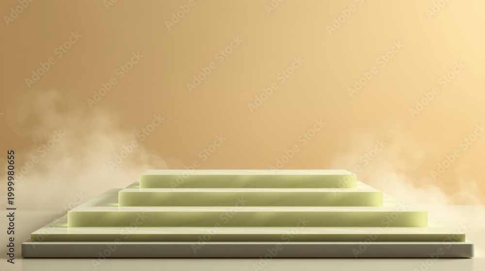 Obraz premium Minimalist stage setup. Light green platforms rise from smoky base. Warm beige backdrop creates soft presentation space.