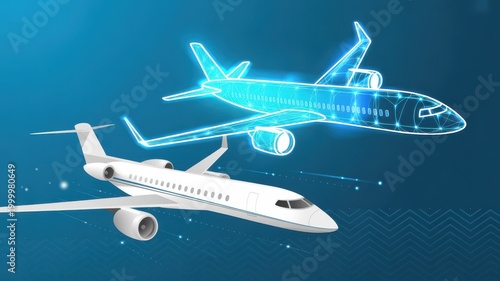 Digital Twin Concept with Realistic Airplane and Blue Glowing Wireframe Jet