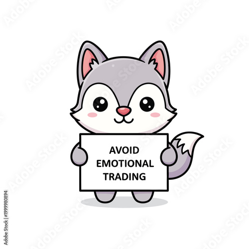 Cute wolf holding sign 'Avoid Emotional Trading'