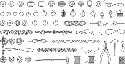 Handcrafted jewelry outline elements with bead charms and bracelet decoration vector illustration set