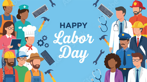 Photos Diverse group of multi-ethnic professionals and workers from various industries celebrating Happy Labor Day with tools and office equipment