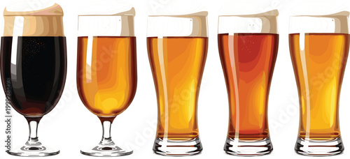 Beer glasses collection with different styles and colors, hand drawn vector illustration featuring dark stout amber lager and light draft drinks with foam