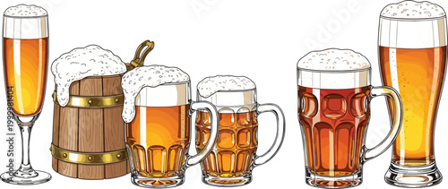 Beer glasses and wooden barrel collection with different styles, hand drawn vector illustration featuring lager mugs pints and draft beverages with foam
