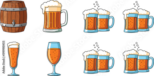 Beer icons collection with barrel mugs glasses and clinking drinks, hand drawn vector illustration featuring lager beverages and brewery elements isolated