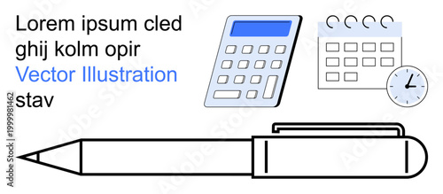 Productivity, office planning, business tools, time management, organization, workplace essentials. Calculator, calendar clock and pen outline. Productivity and time management concepts