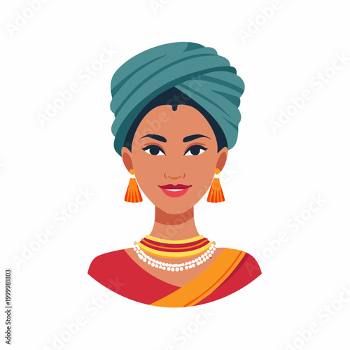 Illustration of a woman wearing a teal turban and traditional Indian attire