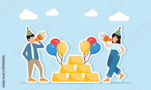 Man and woman blowing trumpets near gold stacks with balloon decoration illustration of appreciation for capital gain and investment valuation growth