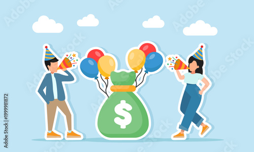 Man and woman blowing trumpets near money bag with balloon decoration illustration of appreciation for business profit achievement