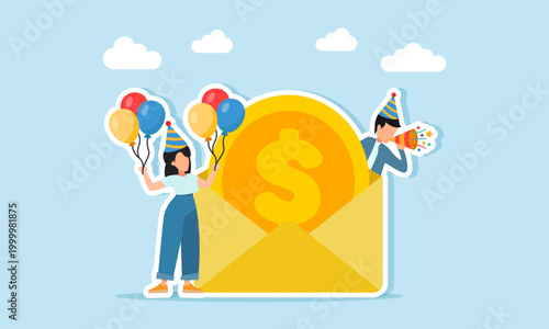 Man blowing trumpet and woman holding balloons near envelope with dollar coins illustration of appreciation for business profit achievement
