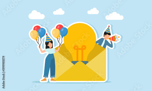 Man blowing trumpet and woman holding balloons near envelope with light bulb illustration of appreciation for idea and innovation implementation