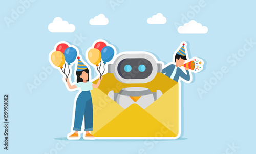 Man blowing trumpet and woman holding balloons near envelope with AI robot illustration of appreciation for AI implementation for efficiency and effectiveness