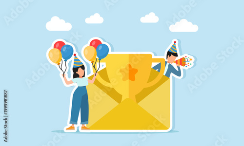 Man blowing trumpet and woman holding balloons near envelope with trophy illustration of appreciation for becoming champion